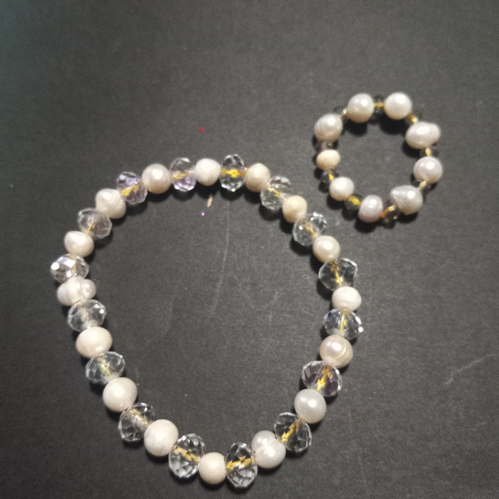 Pearl & Clear Glass Beads Bracelet & Ring Set